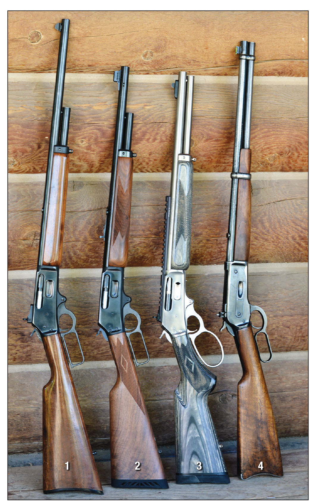 Modern lever-action rifles are popular with hunters and big-game guides. Examples include the (1) Marlin Model 1895 with a 22-inch barrel, (2) Marlin Model 1895G with 18½-inch barrel, (3) Marlin Model 1895SBL with 18½-inch barrel and (4) Browning 1886 Carbine.